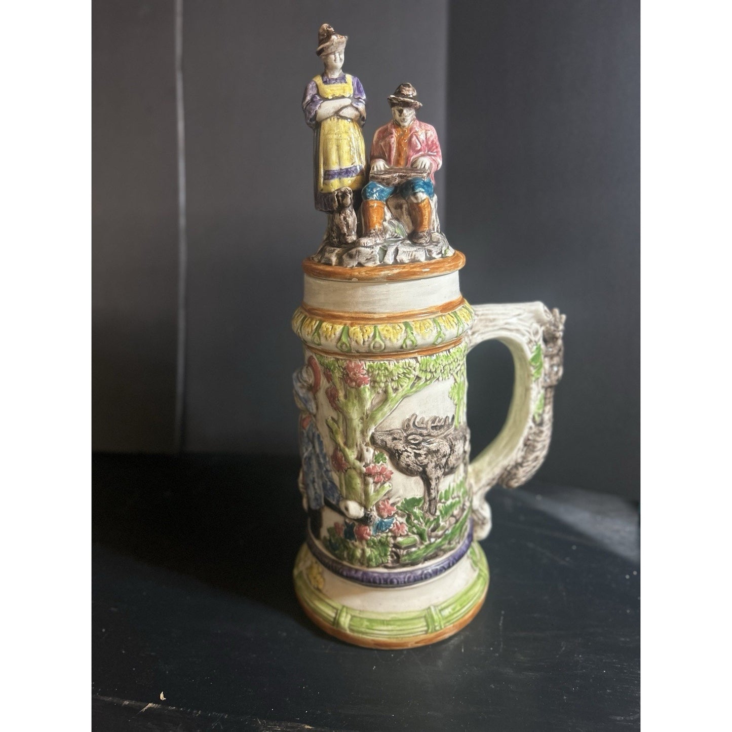 VINTAGE LARGE HANDMADE HAND PAINTED HUNTING GERMAN 1974 BEER STEIN MUG WITH LID