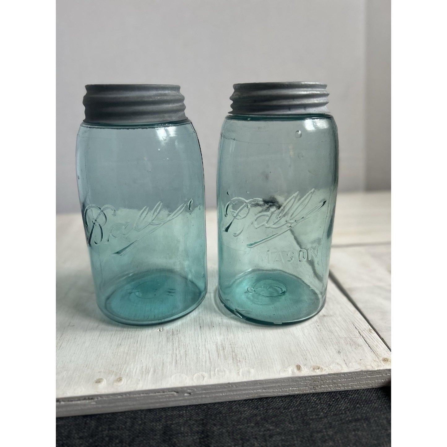 2 1920’s Vintage Ball Mason Jars – Triple L Logo – Quart – Aqua Blue – Zinc Lids