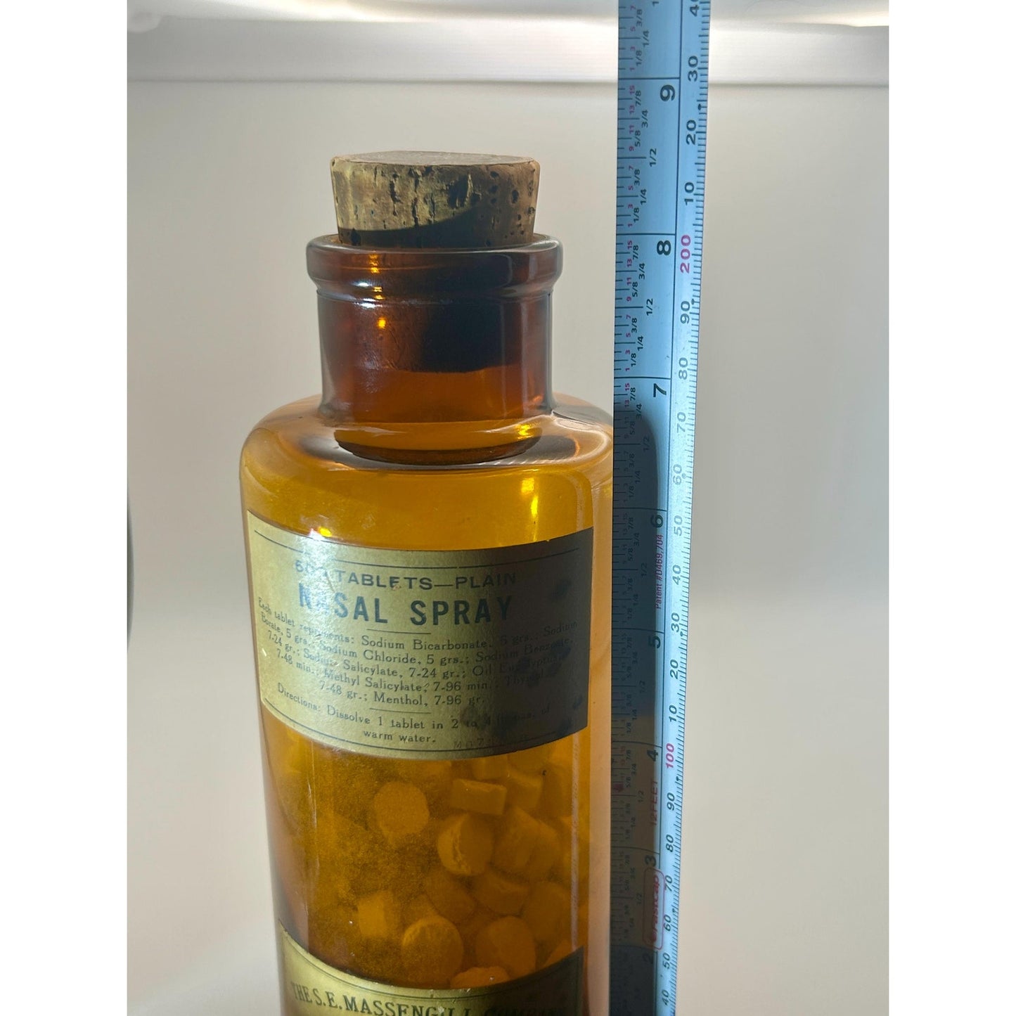 Antique Calcium Sulphide Medicine Bottle w/ Tablets & Cork, Amber