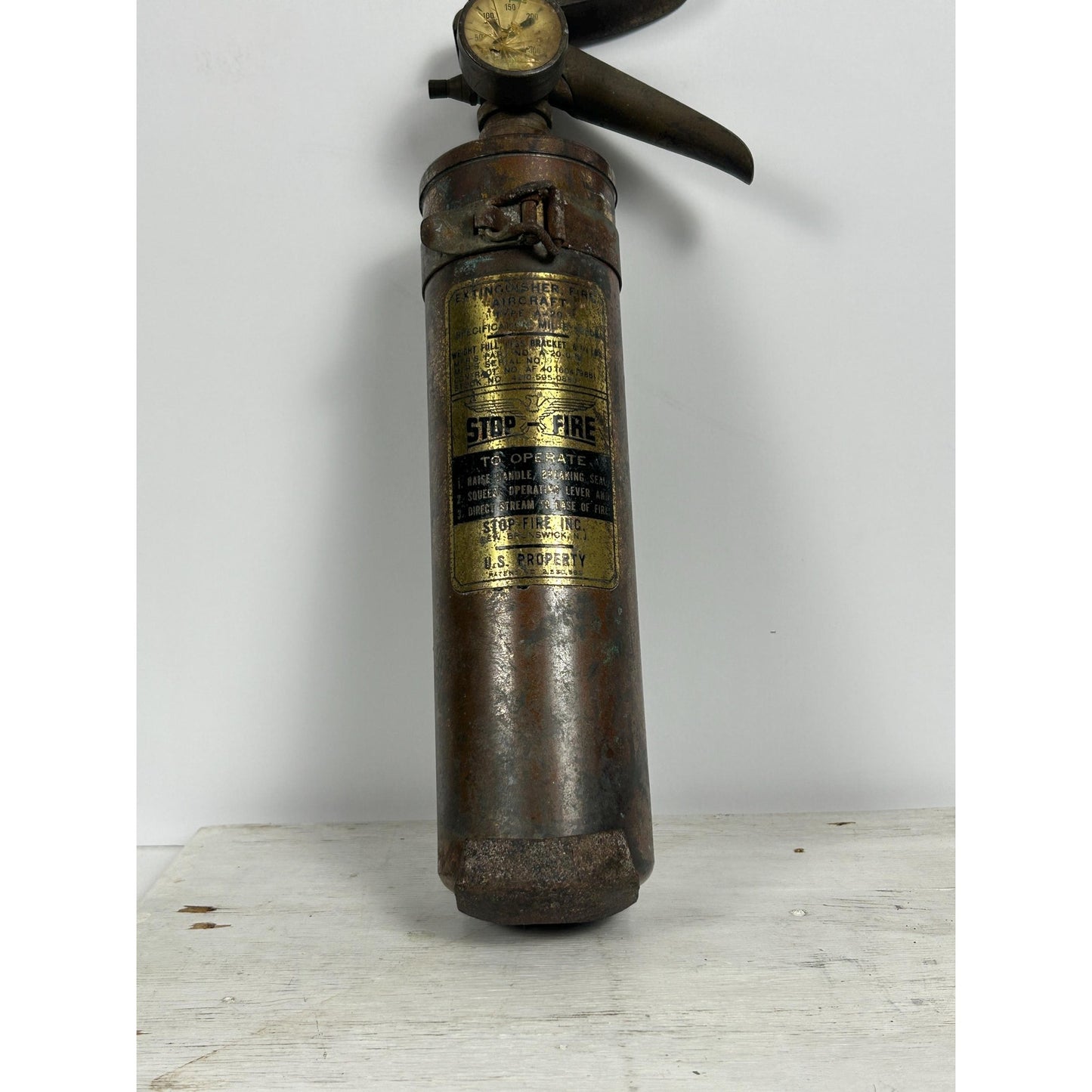 Rare STOP-FIRE Military Aircraft Fire Extinguisher WWII Era Preserved Original Brass Aviation Artifact