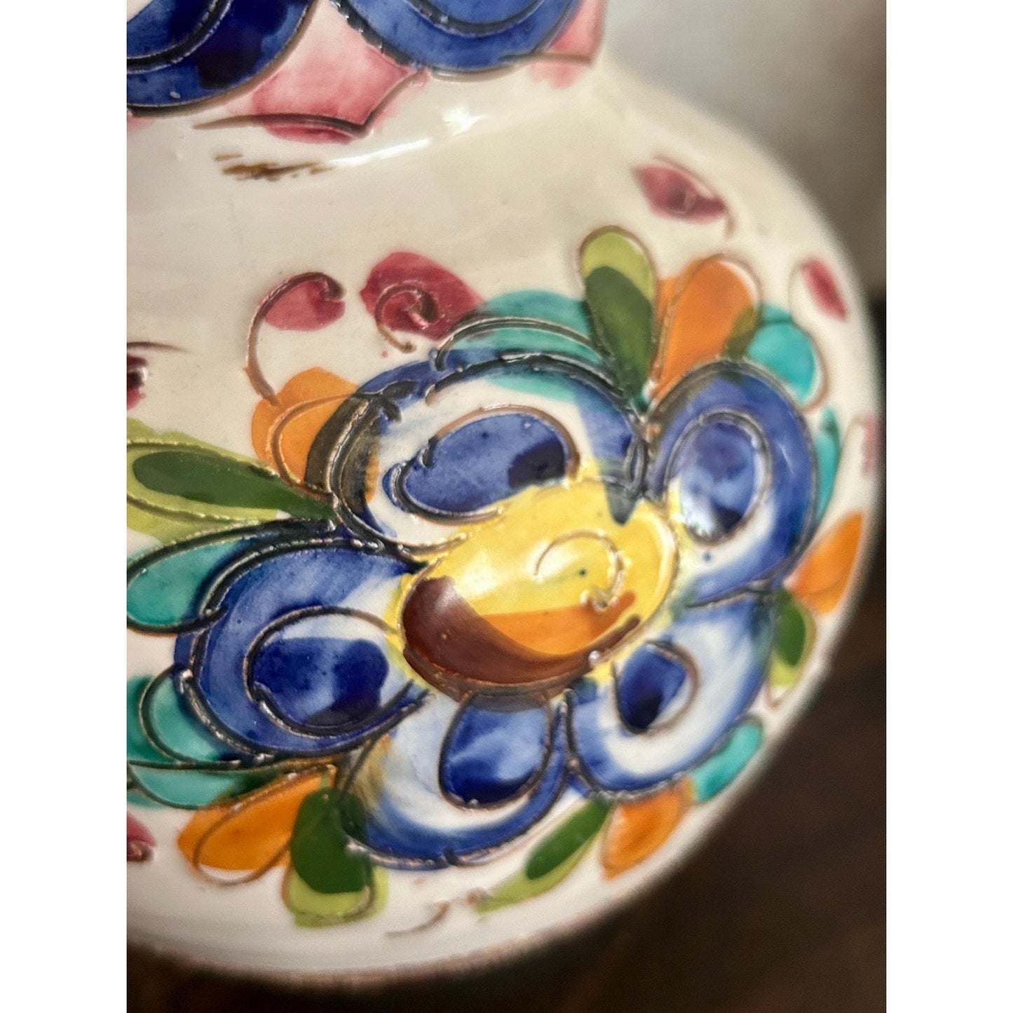 Vintage Spanish Talavera Faience Pottery Pitcher Hand Painted Floral Ceramic Jug Majolica