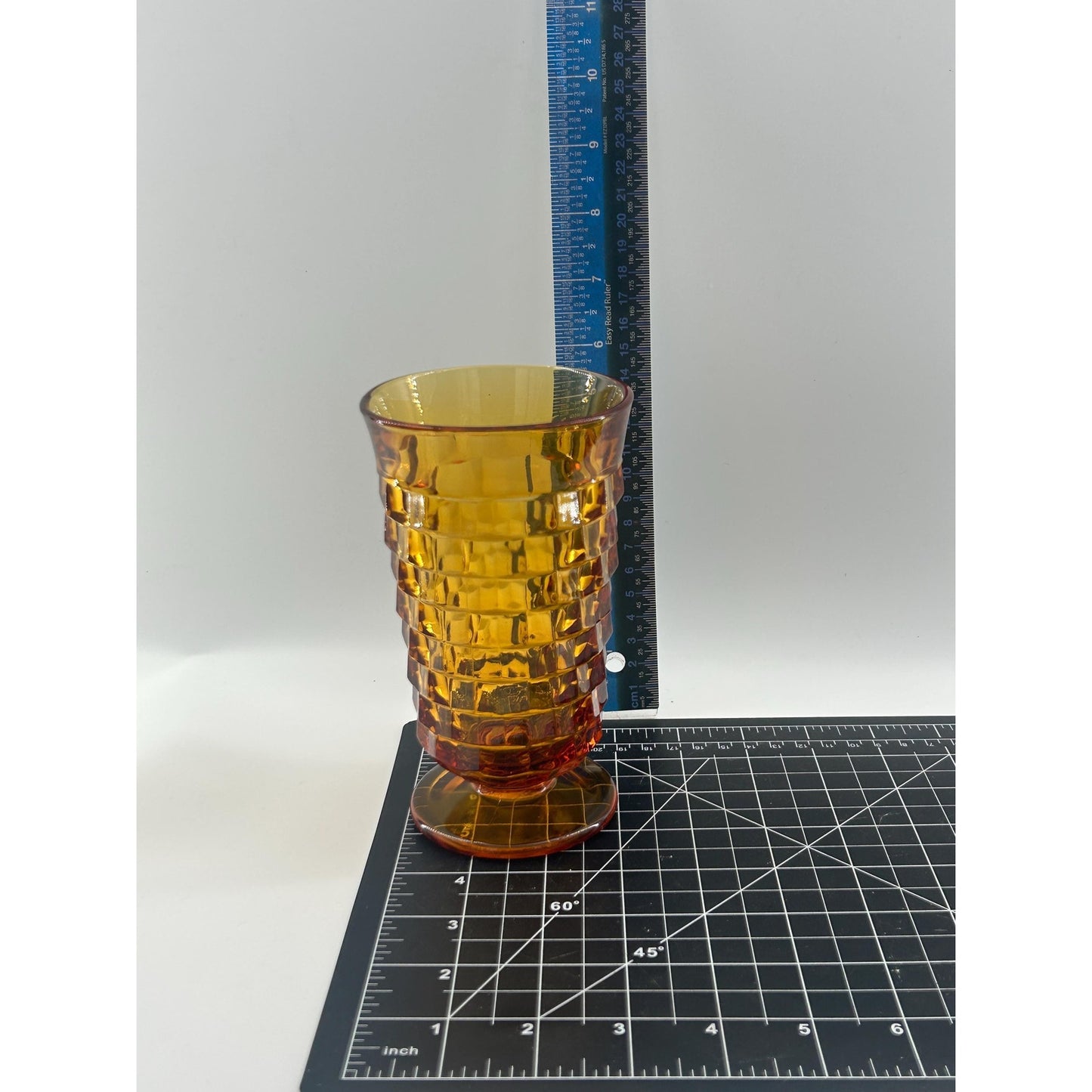 Mid Century Modern Amber Glass Vase | Tall Footed Diamond Pattern Vase | MCM Golden Yellow Art Glass Decor