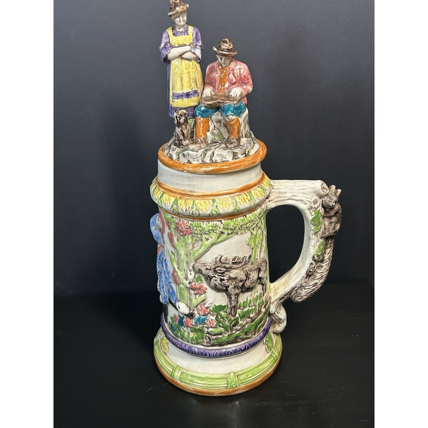 VINTAGE LARGE HANDMADE HAND PAINTED HUNTING GERMAN 1974 BEER STEIN MUG WITH LID
