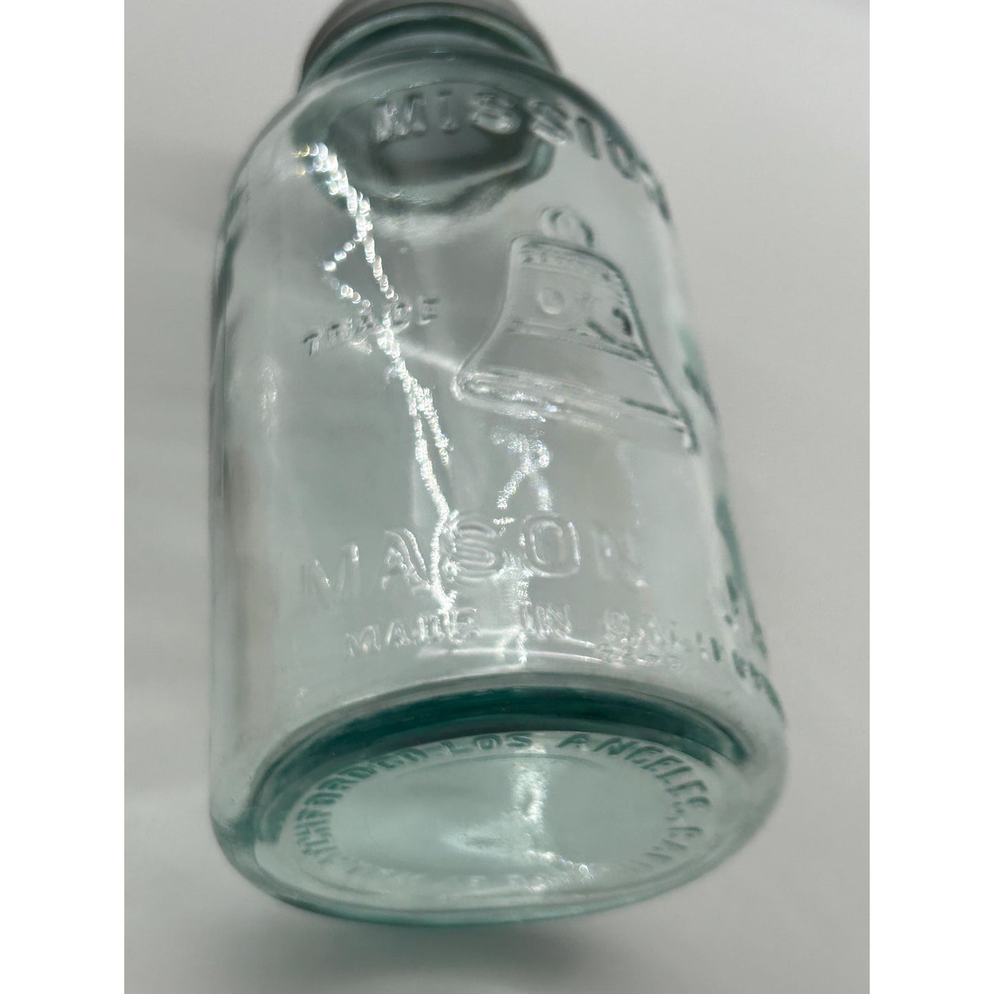 Mission Bell Mason Aqua Blue Glass Liberty Bell Trade Mark Scarce Hazel Atlas Half Gallon Zinc Lid