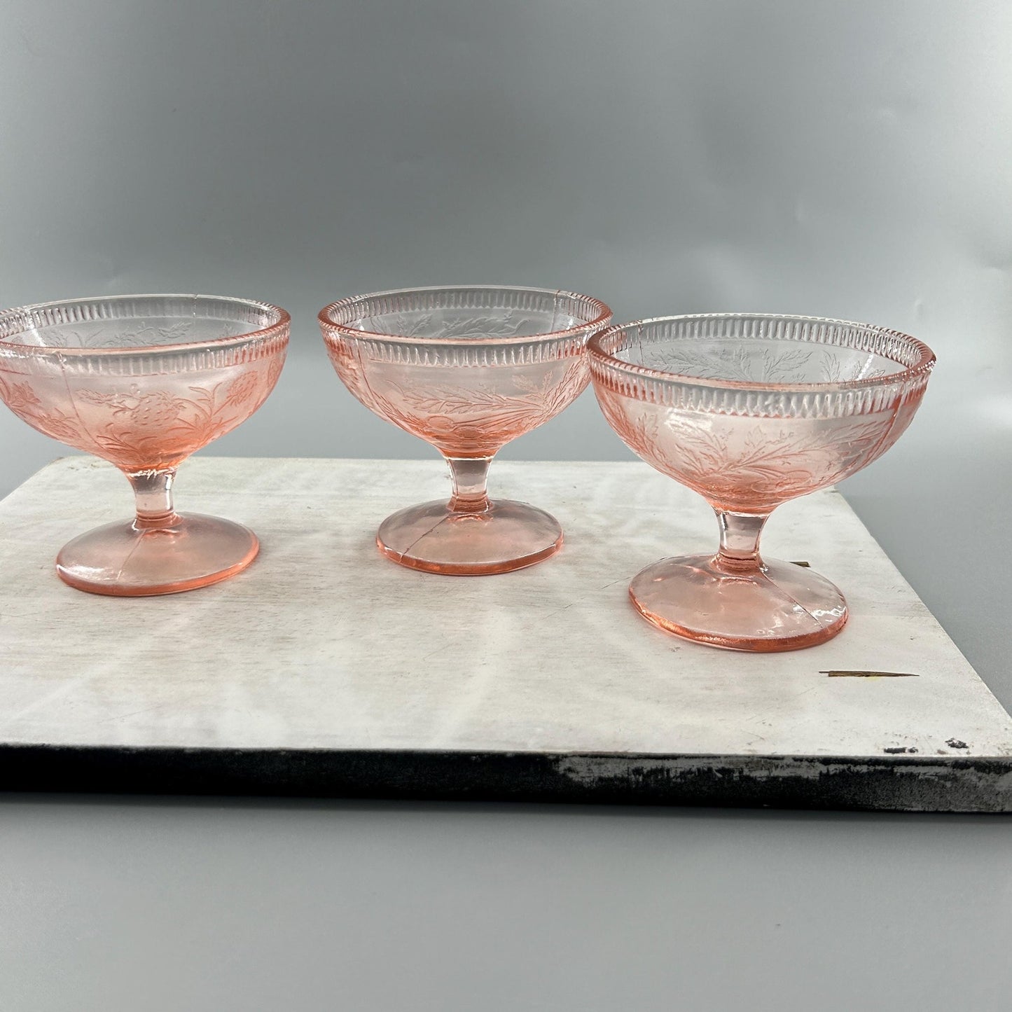 Pink Depression Glass Sherbet Dessert Cups • Vintage 1930s Footed Bowls • Set of 3 • Etched Floral Stemware • Cottage Farmhouse Tableware