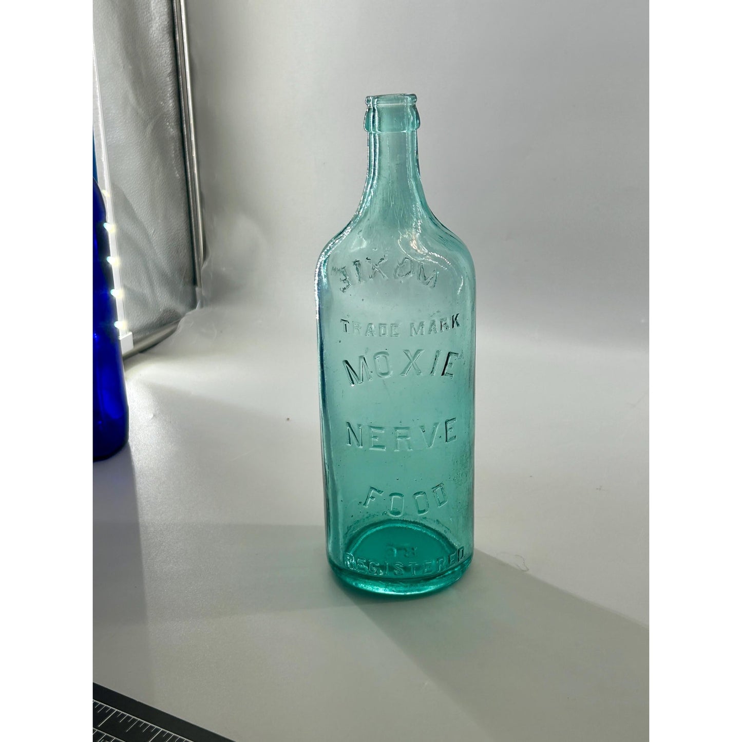 Antique Moxie Nerve Food Registered Bottle Aqua Glass Lowell MA Quack Medicine Soda Advertising Early 1900s Rare Display