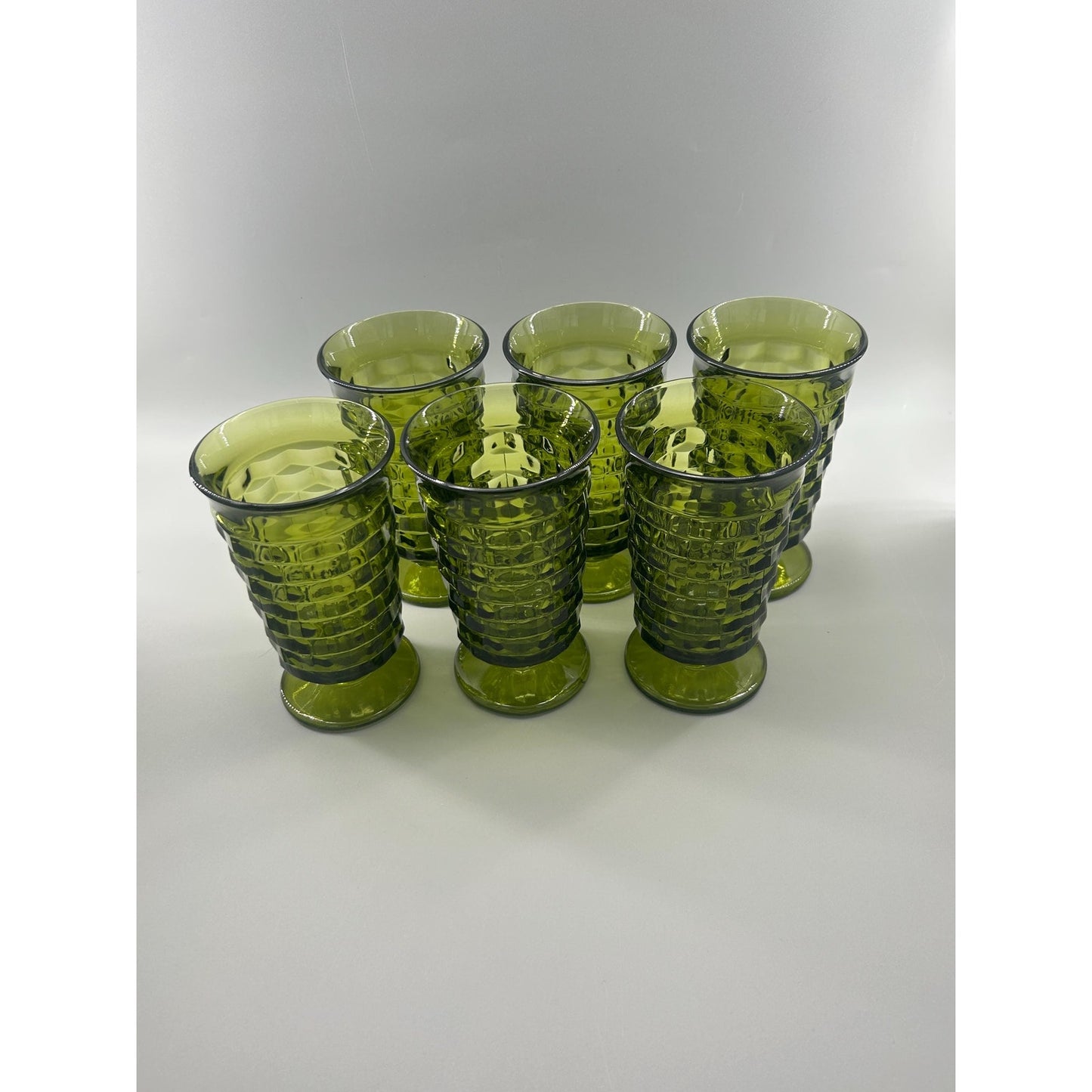 Vintage Indiana Glass Whitehall Cube Tumblers Set of 6 Avocado Green Footed Glasses Mid Century Barware Retro Drinkware
