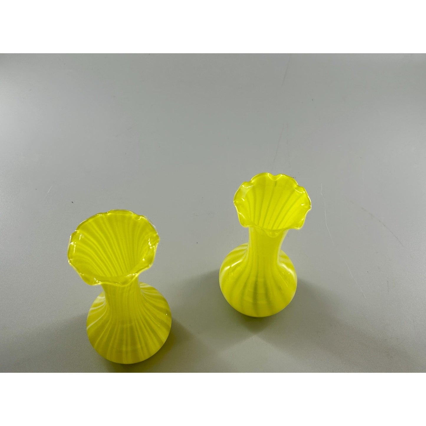 Vintage Murano Style Yellow Opaline Art Glass Bud Vases Pair Ruffled Rim Hand Blown Italy