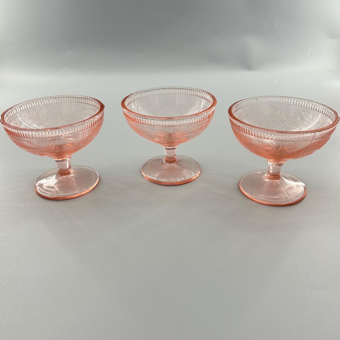 Pink Depression Glass Sherbet Dessert Cups • Vintage 1930s Footed Bowls • Set of 3 • Etched Floral Stemware • Cottage Farmhouse Tableware