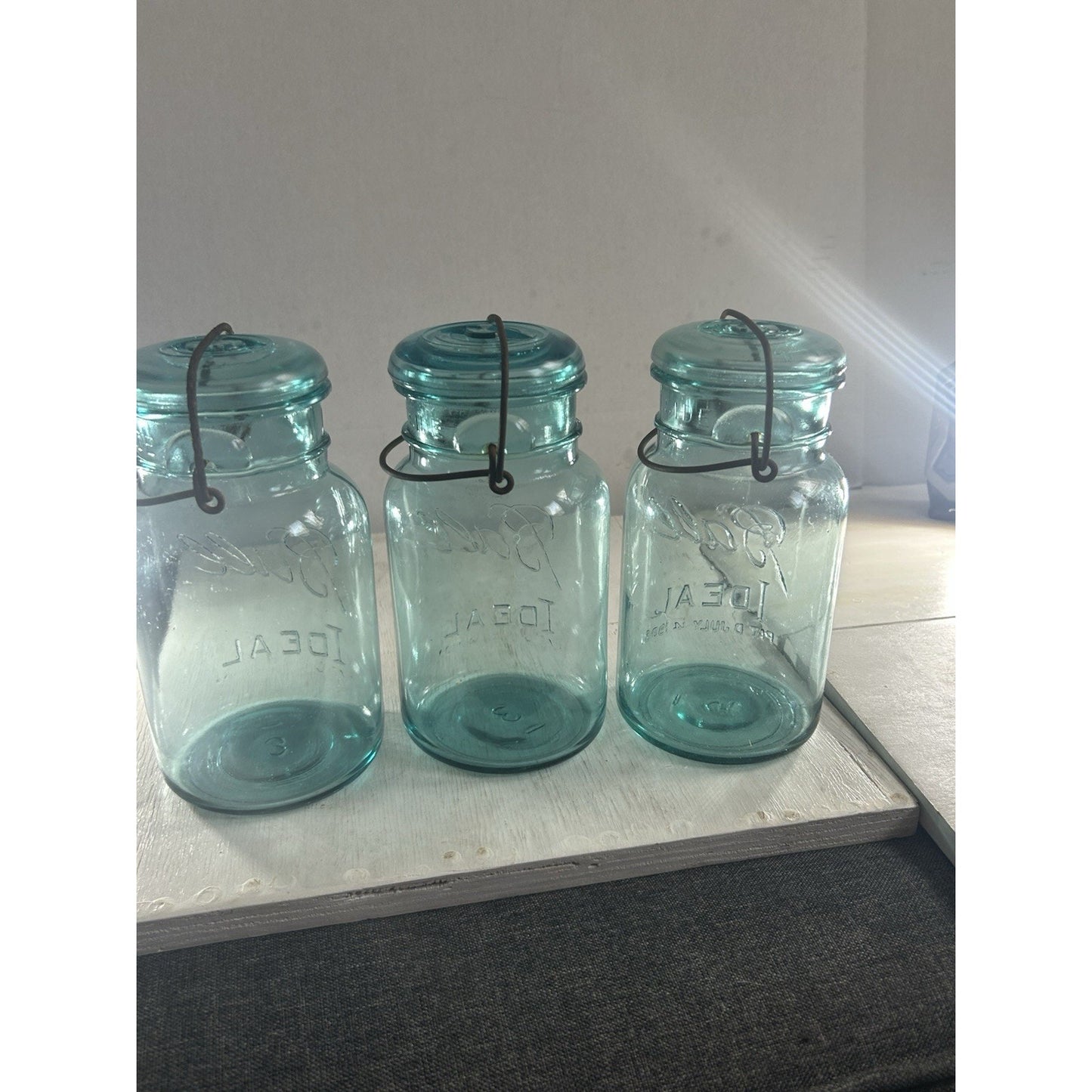 Lot of 3 Ball Ideal Blue Wire Bail Mason Jars Pat’d 1908 Vintage Quart Set. RARE