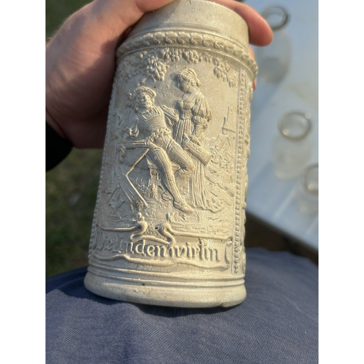 Antique German Beer Stein — Die Lindenwirtin — Westerwald Salt Glaze — 0.5L Pewter Lid — Example A