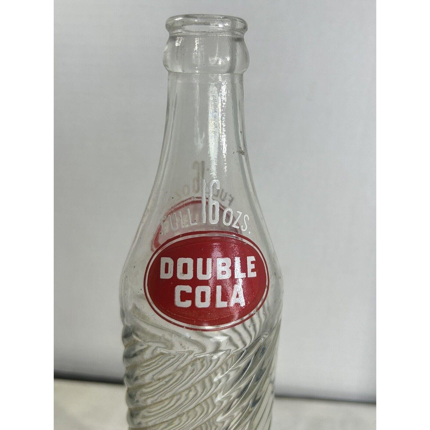 Vintage Double Cola 16 oz Swirl Glass Soda Bottle – Red & White ACL Label – Spiral Design – Mid Century Soda Pop Collectible Advertising.