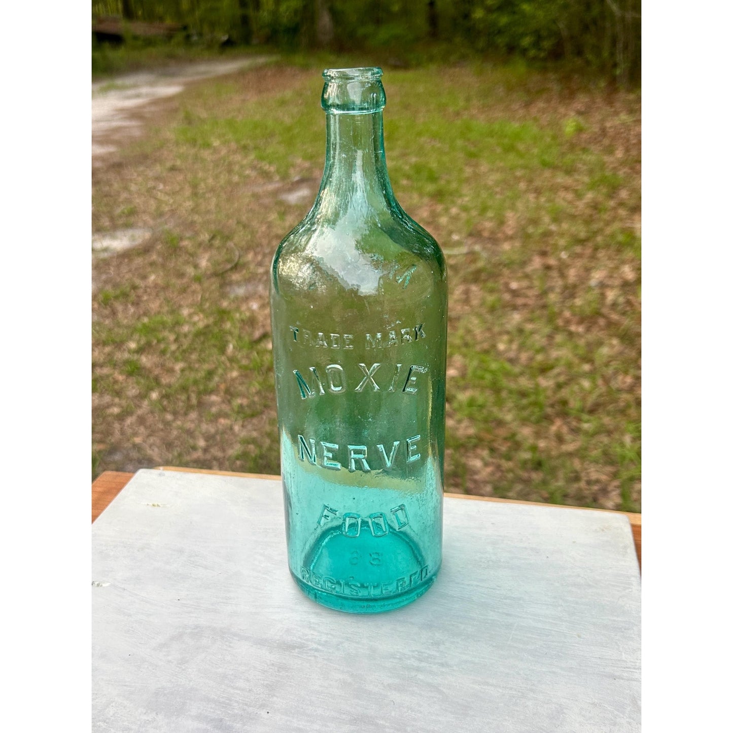 Antique Moxie Nerve Food Registered Bottle Aqua Glass Lowell MA Quack Medicine Soda Advertising Early 1900s Rare Display
