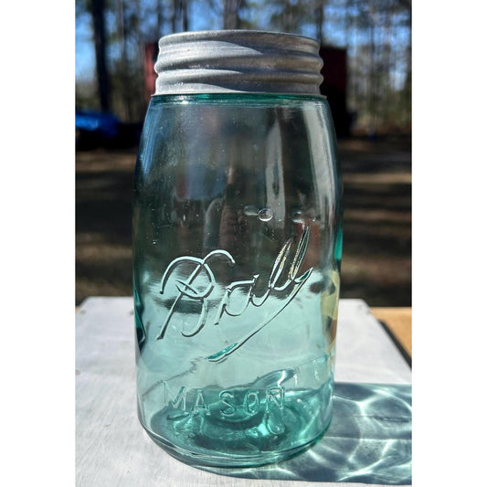 Antique Ball Mason quart deep teal aqua underlined script 1910-1923 front view
