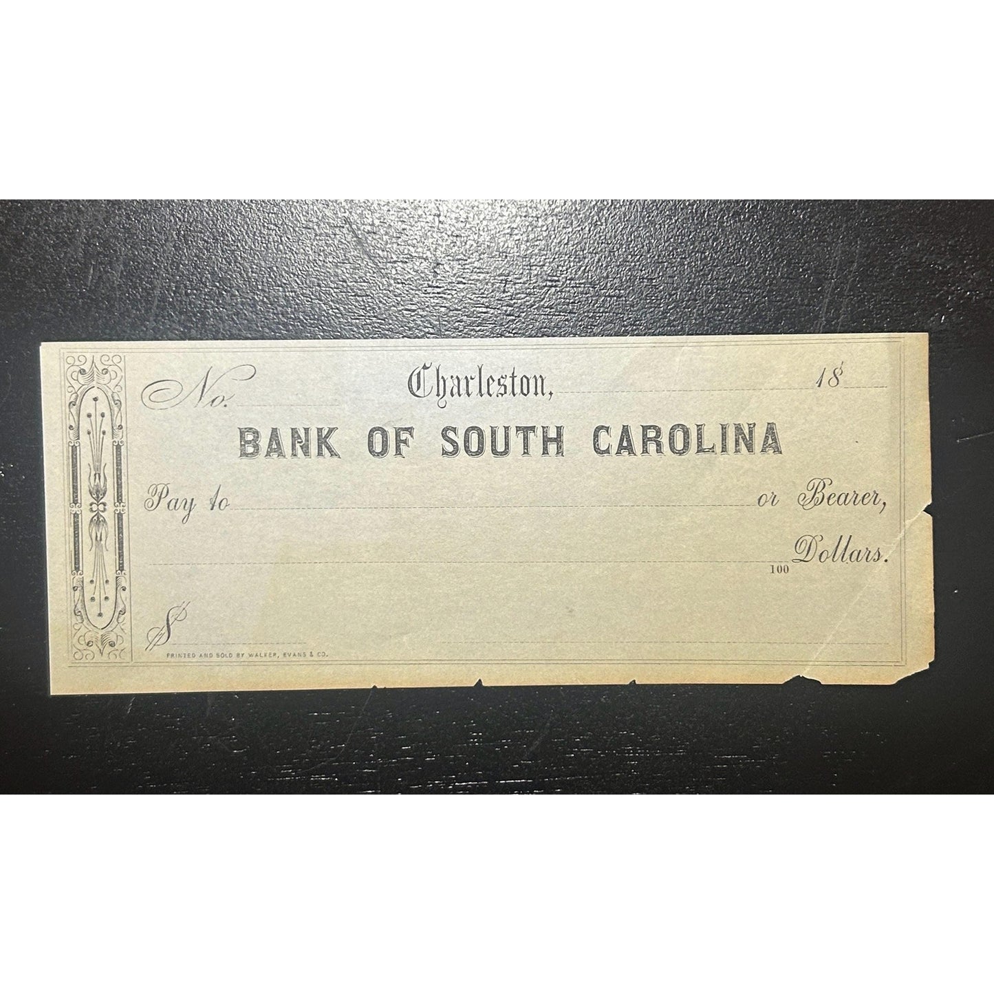 Antique Bank of South Carolina Check Charleston SC | 1800s Blank Bank Note Form | Southern Ephemera Paper Collectible. Very rare civil war!