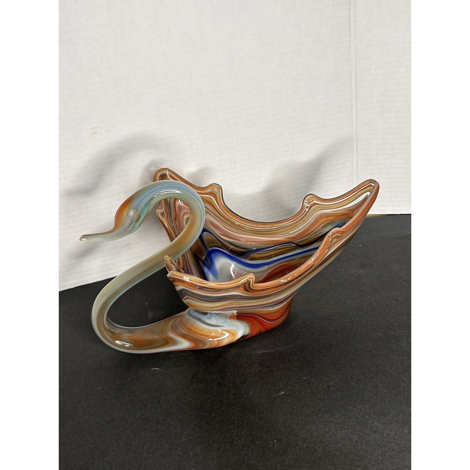 Vintage MCM Handmade Murano Style Art Glass Blue Orange Swirl Swan Candy Dish