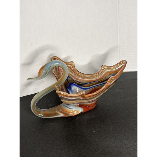 Vintage MCM Handmade Murano Style Art Glass Blue Orange Swirl Swan Candy Dish
