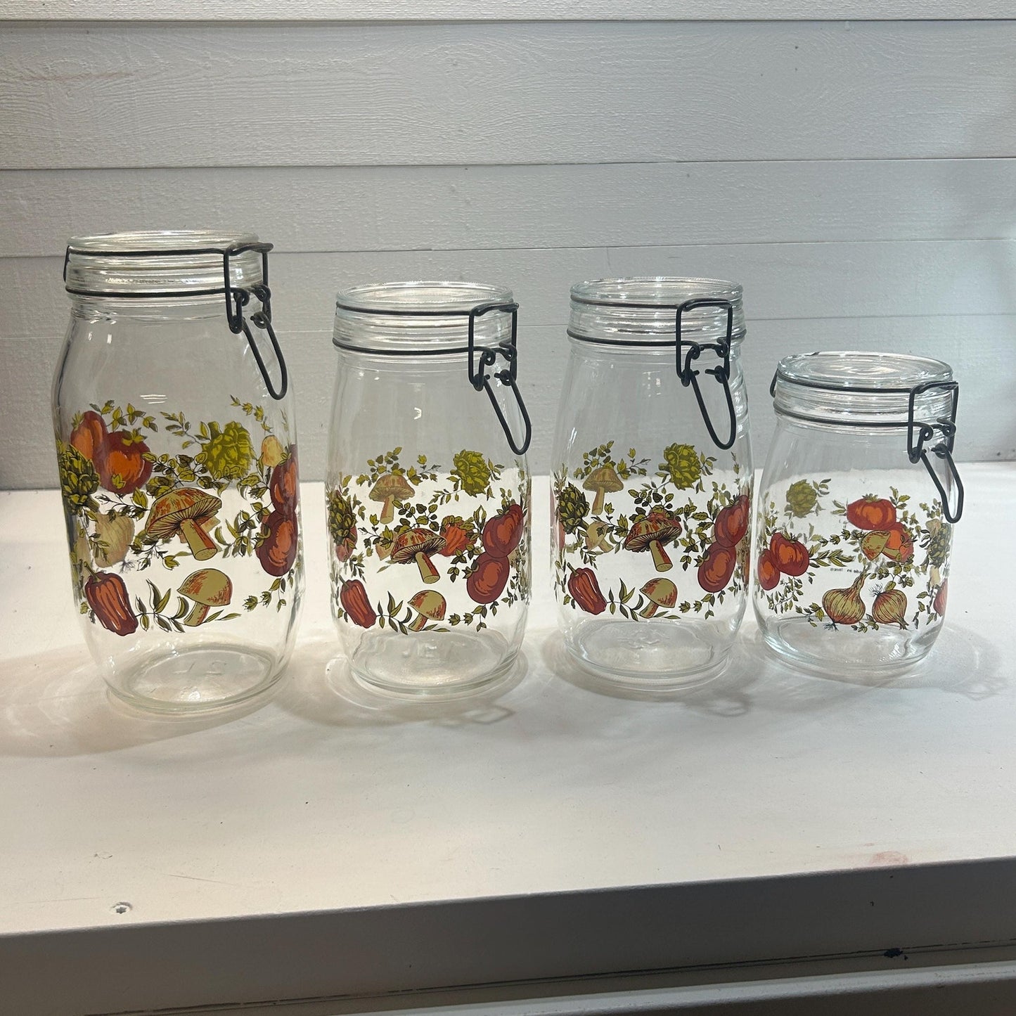 Vintage French Glass Canister Set with Wire Bail Lids, 1970s Mushroom Vegetable Print Kitchen Jars, Made in France, Farmhouse Pantry Storage