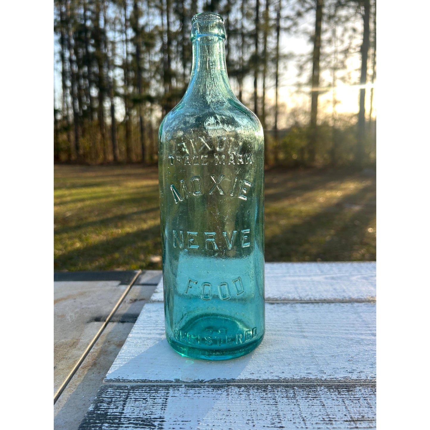 Antique Moxie Nerve Food Registered Bottle Aqua Glass Lowell MA Quack Medicine Soda Advertising Early 1900s Rare Display