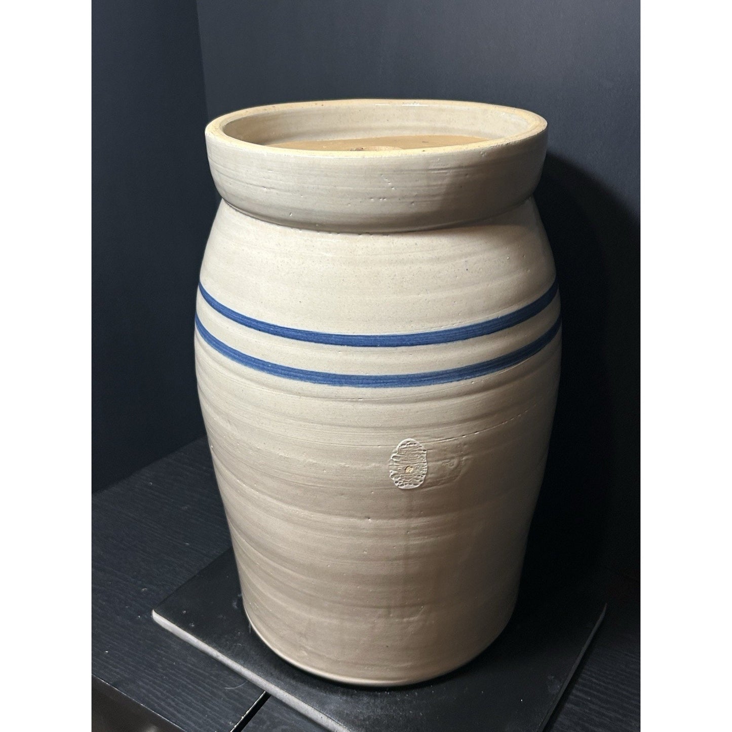 Marshall Pottery 5 Gallon Stoneware Crock w/ Lid Blue Stripe Texas Primitive