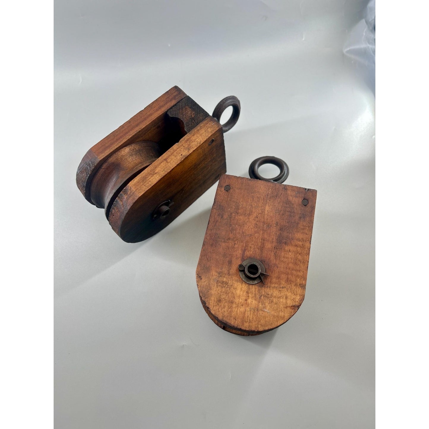 Antique Wooden Barn Pulley Block Pair Primitive Farm Hay Trolley Pulleys Rustic Industrial Farmhouse Decor Architectural Salvage