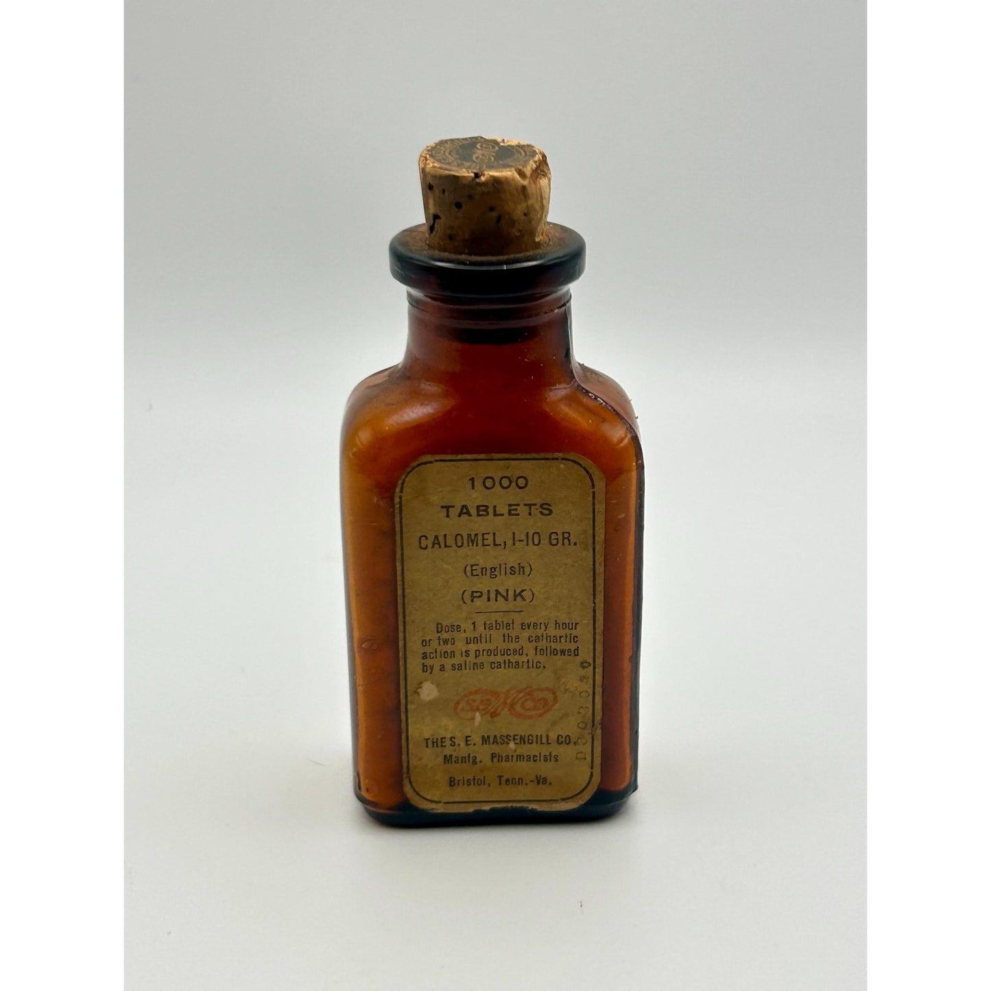 Antique Apothecary Calomel Tablets Bottle S.E. Massengill Bristol TN VA Pharmacy Amber Medicine Jar w Cork Seal 1000 Tablets Medical Quack