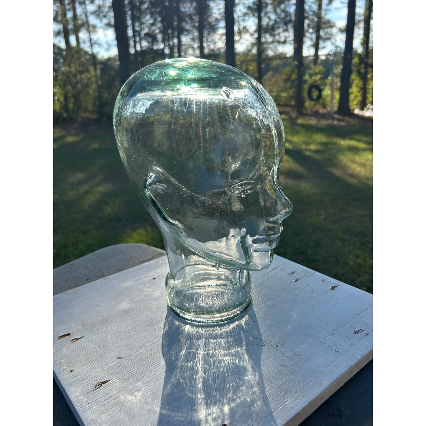 Vintage Glass Mannequin Head Clear with Green Tint & Bubbles Store Display 11.5”