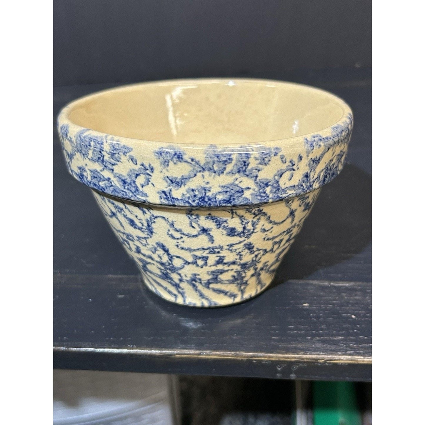 Roseville Ohio Spongeware Bowl — Blue Spatterware — Vintage Serving / Mixing Bowl — Farmhouse Pottery