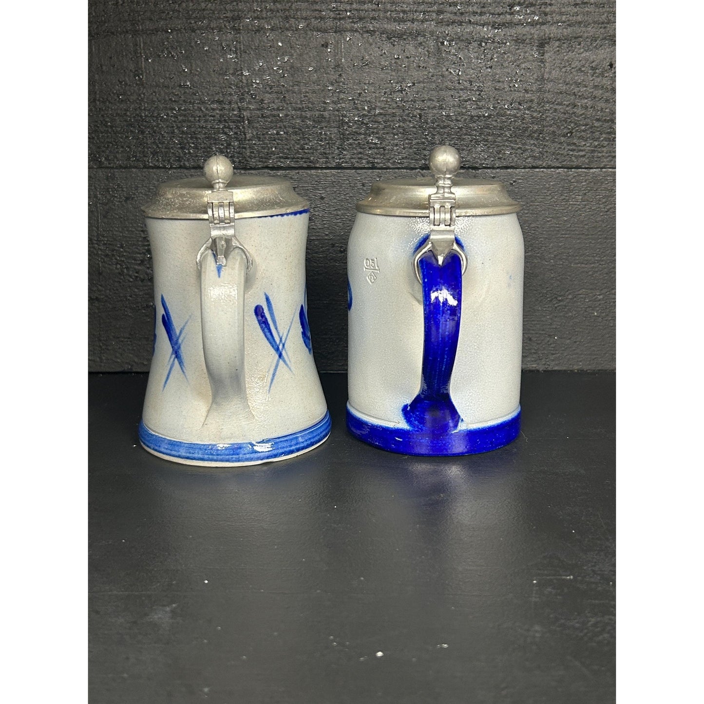 Vintage Westerwald German Stein Pair .5L • Salt Glazed Cobalt Stoneware • LFZ Handarbeit • Pewter Lids • Engraved “Hans” • Collector Grade