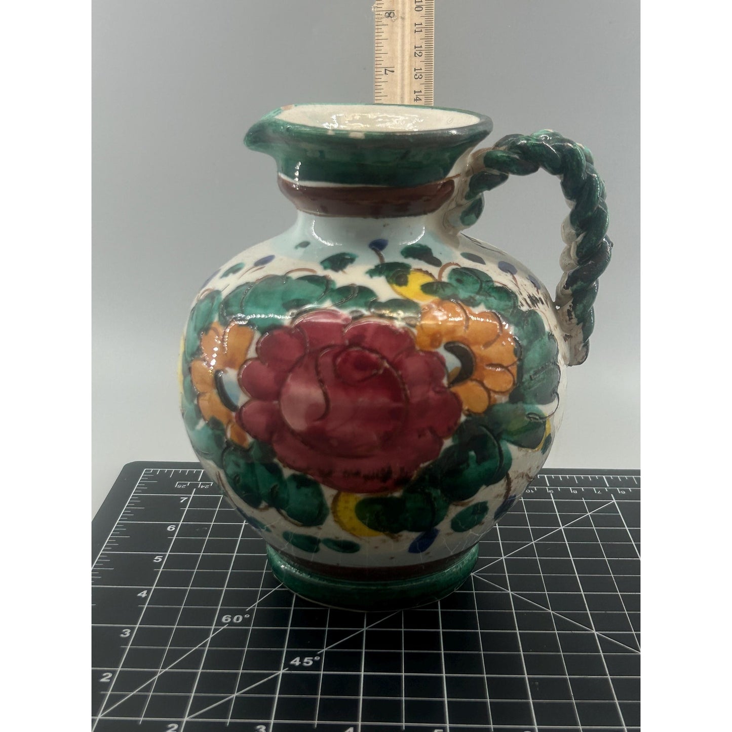 Vintage Hand Painted Spanish Majolica Talavera Style Faience Pitcher Twisted Handle Floral Jug