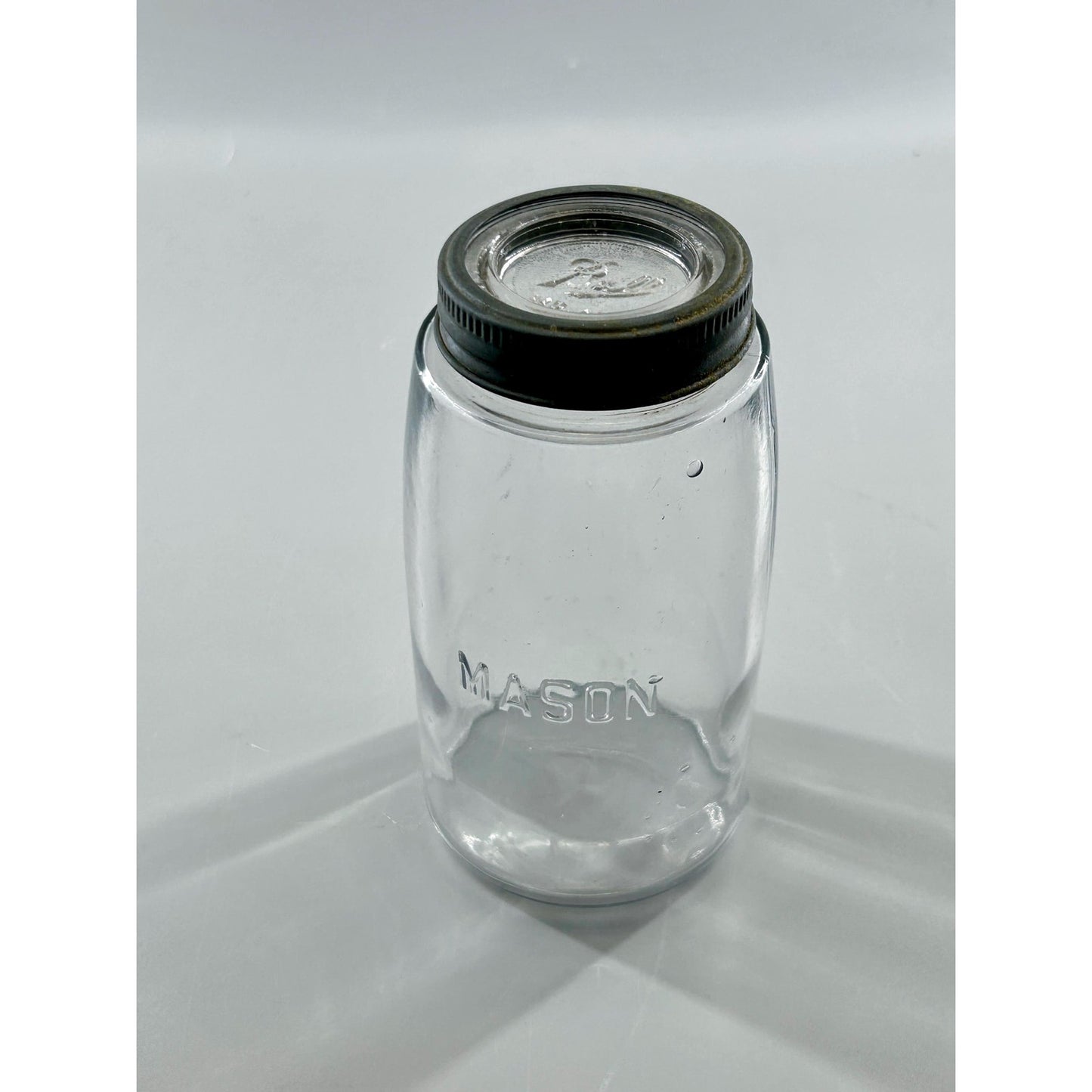 Vintage Mason Quart Fruit Jar Straight Line Clear Glass w/ Ball No. 10 Glass Lid. Gorgeous crisp embossing . With glass bubbles