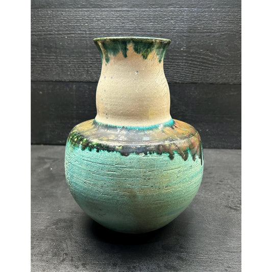 Ernest E. Mitchell studio pottery vase 1994 signed hand thrown turquoise green drip glaze Georgia folk art front