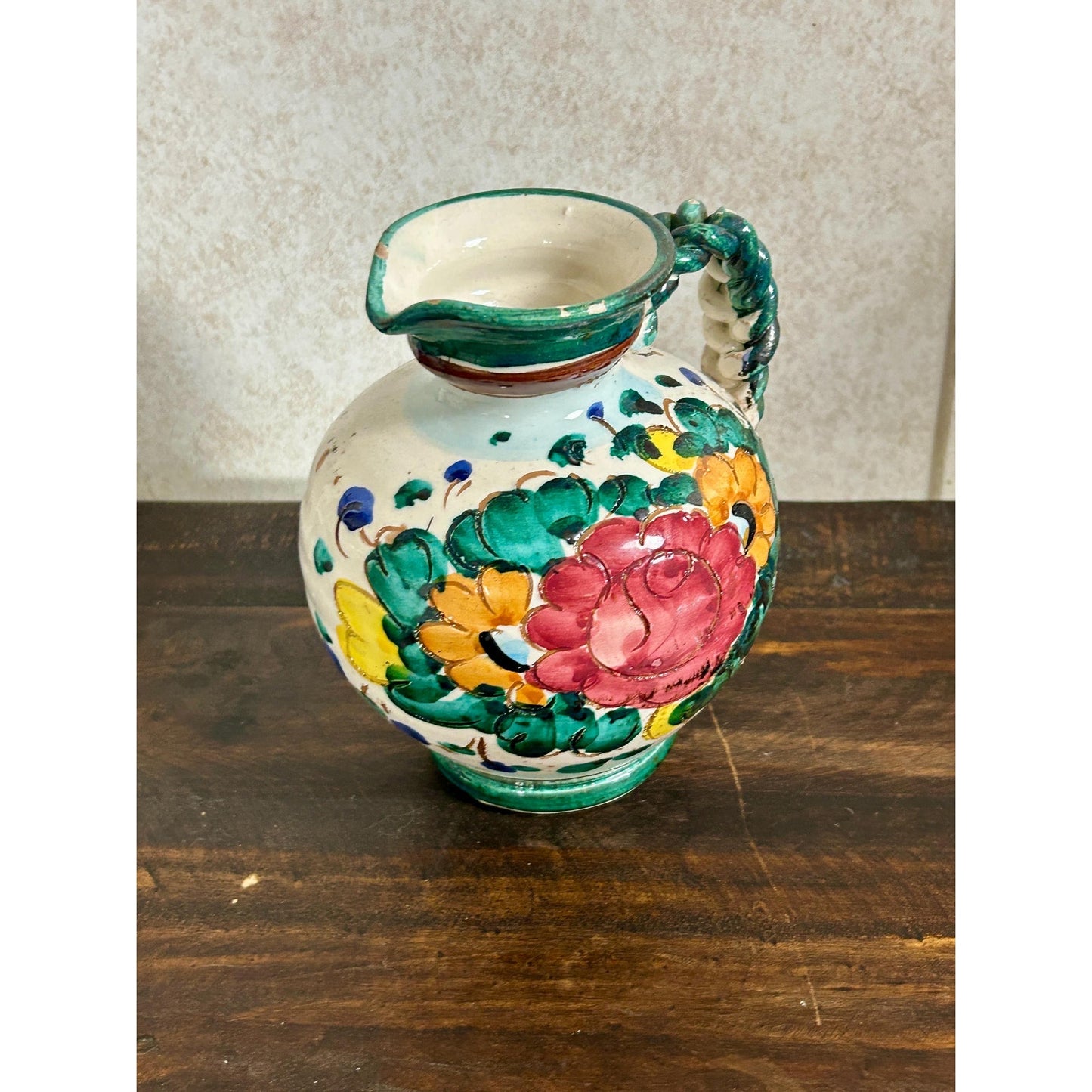Vintage Hand Painted Spanish Majolica Talavera Style Faience Pitcher Twisted Handle Floral Jug