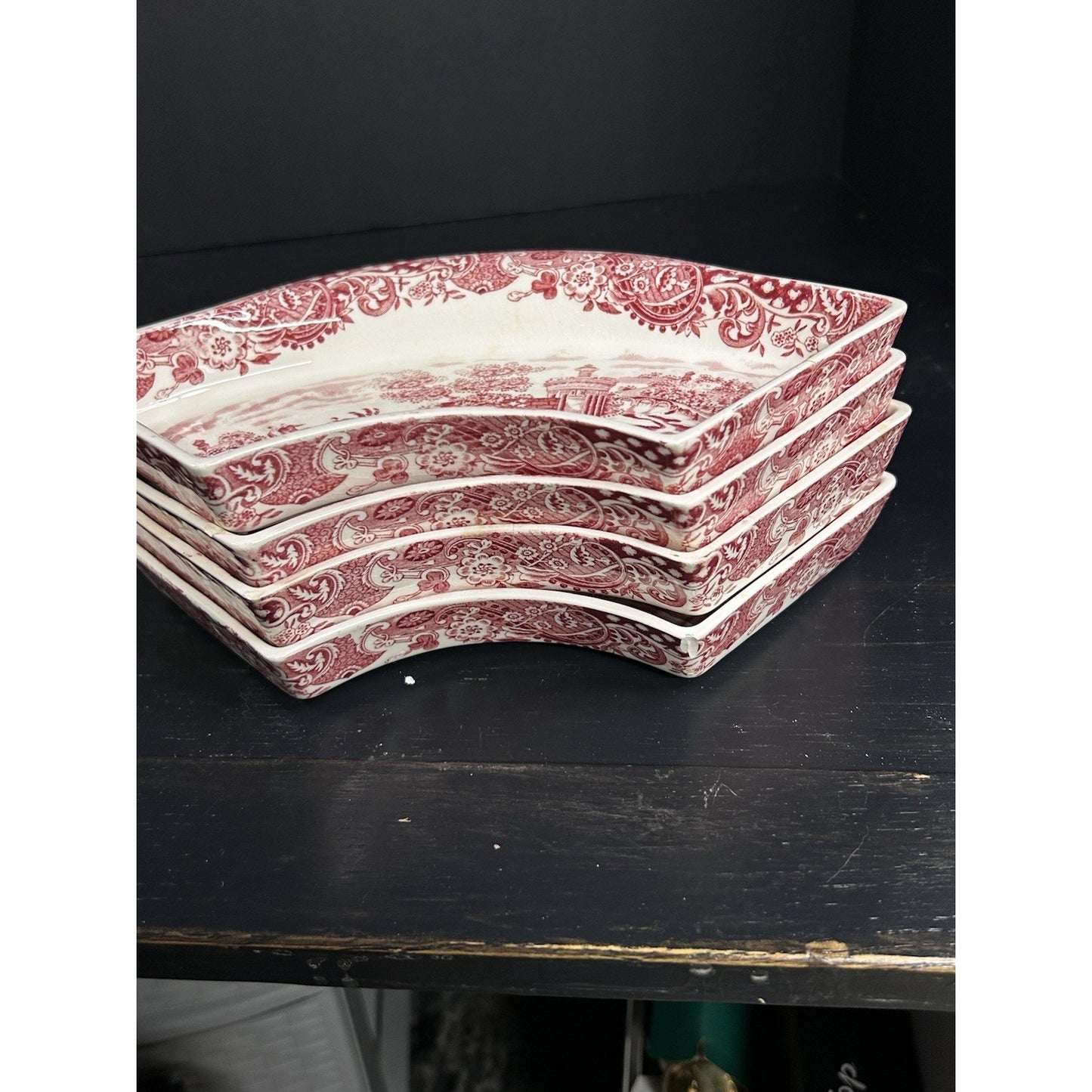Antique M.R. Midwinter England Lazy Susan Side Dishes — Set of 4 — Red Landscape — 1910