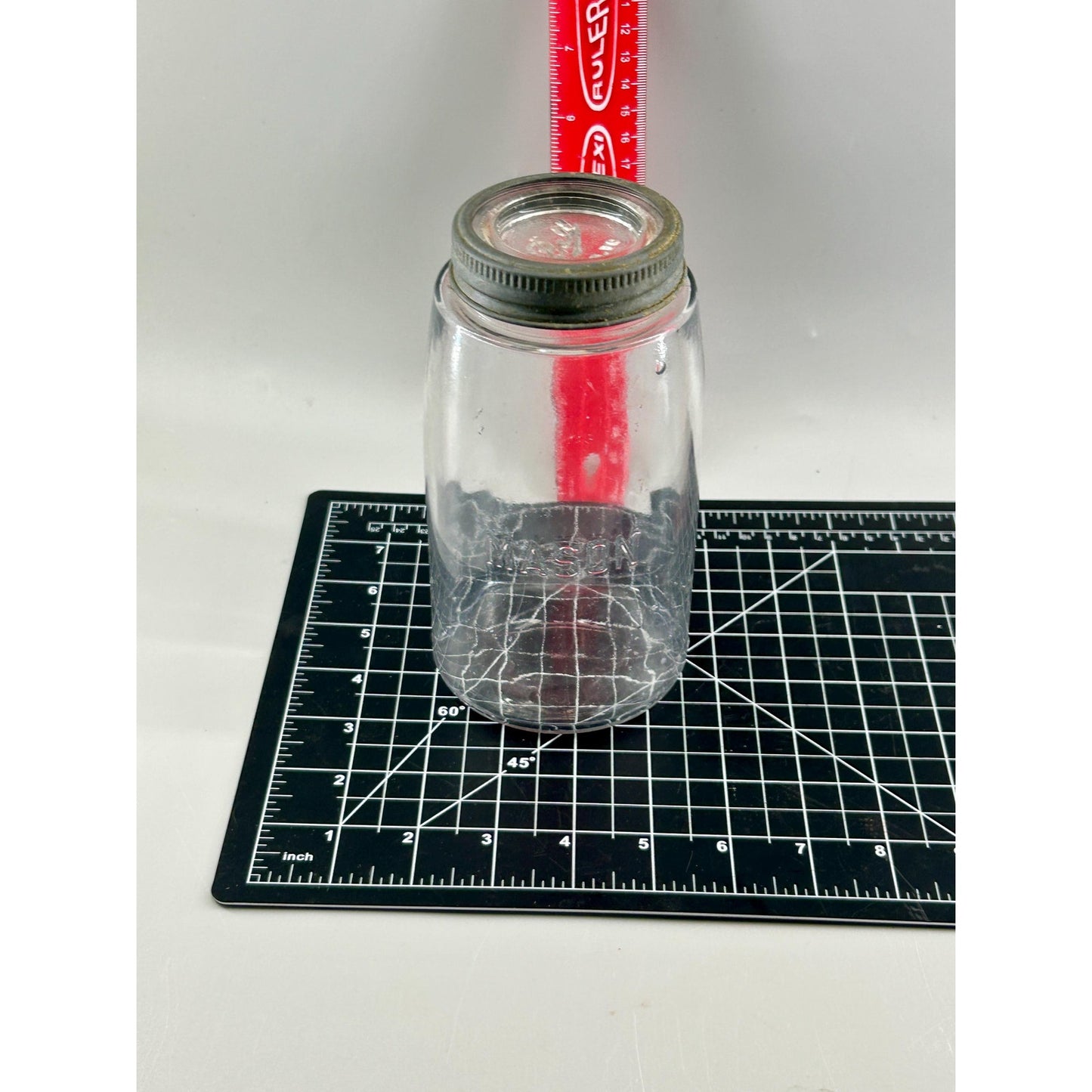 Vintage Mason Quart Fruit Jar Straight Line Clear Glass w/ Ball No. 10 Glass Lid. Gorgeous crisp embossing . With glass bubbles