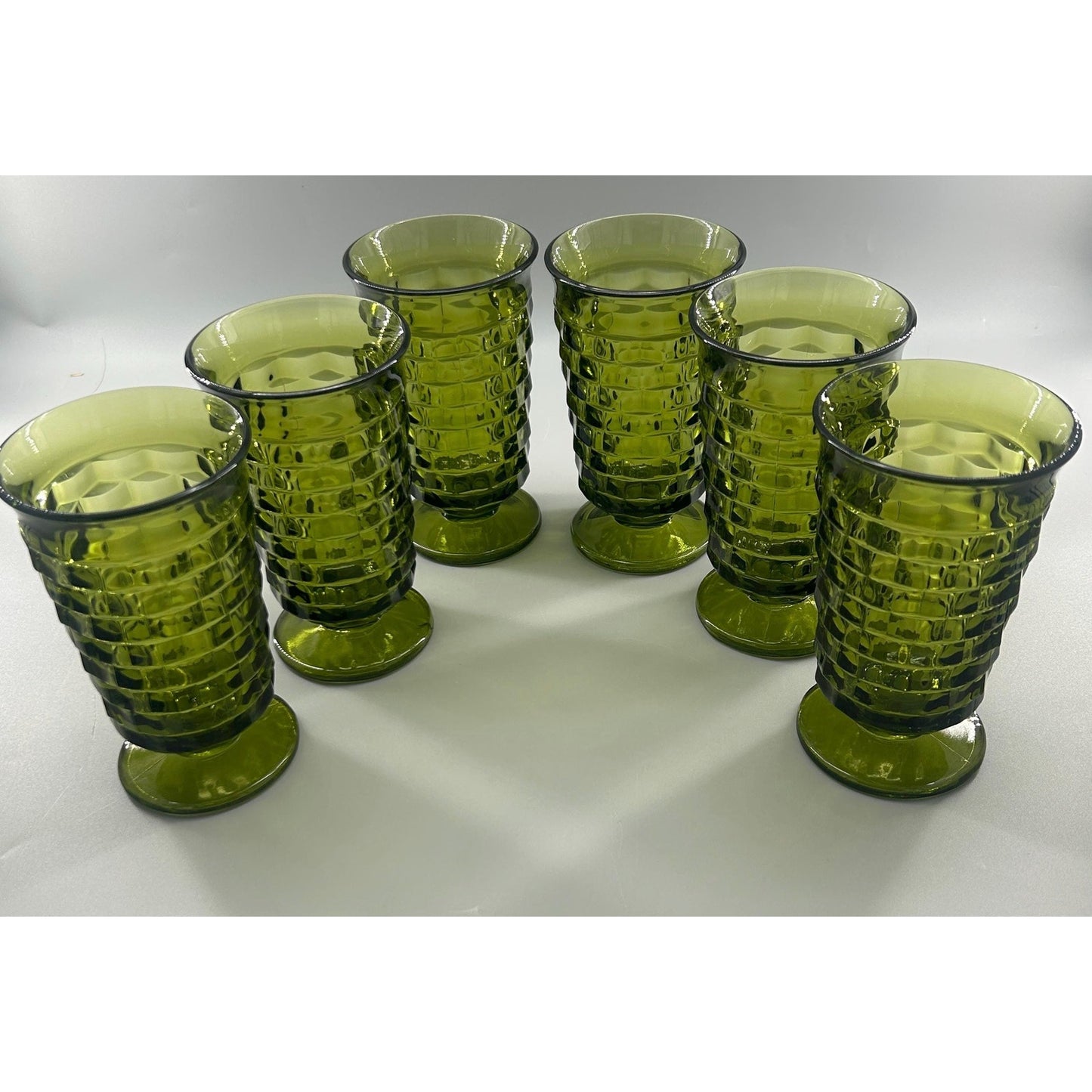 Vintage Indiana Glass Whitehall Cube Tumblers Set of 6 Avocado Green Footed Glasses Mid Century Barware Retro Drinkware