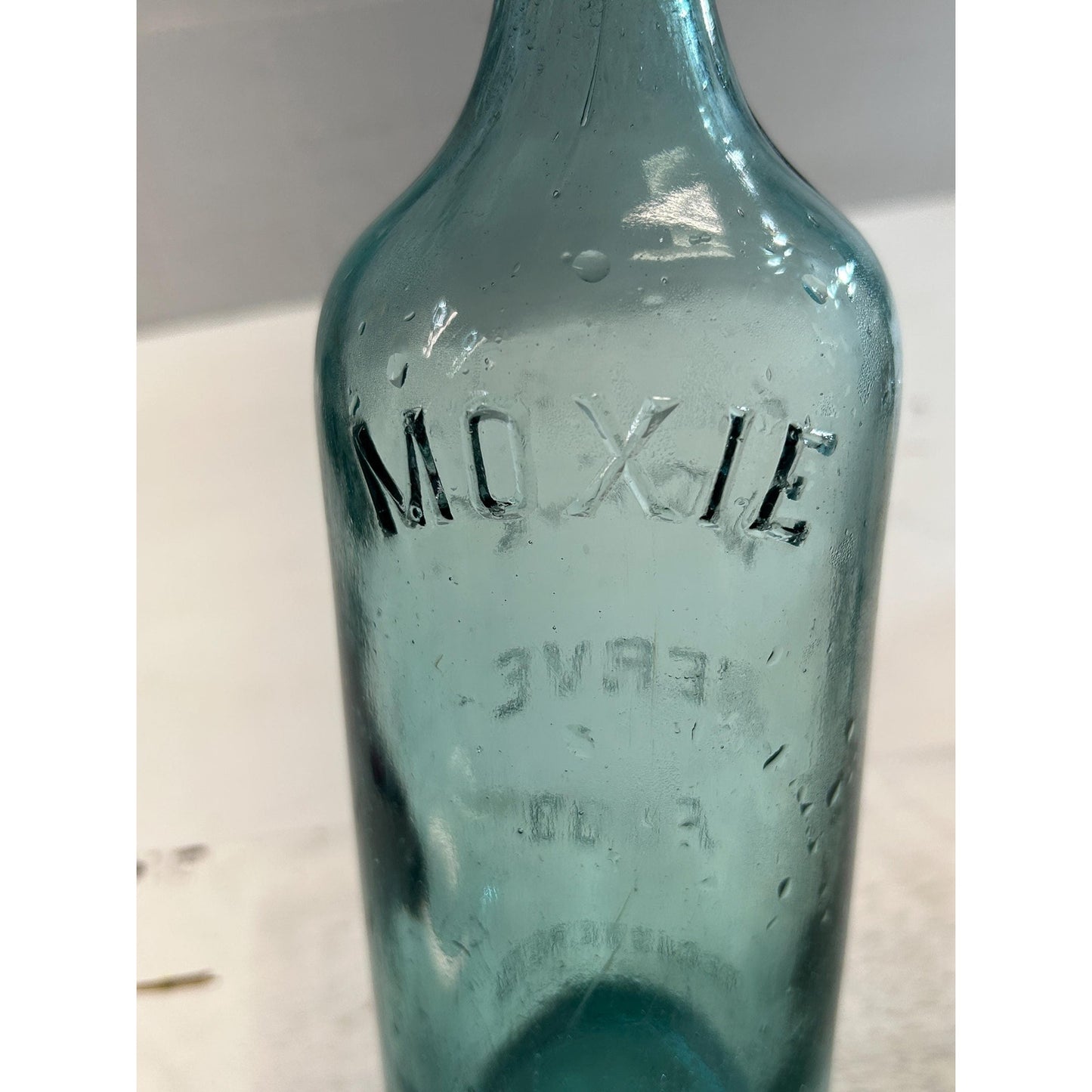 Antique 1880s Moxie Nerve Food Bottle – Aqua Blue Glass – Patent Medicine Soda Tonic Apothecary Collectible – Rare 12 Inch Embossed Bottle