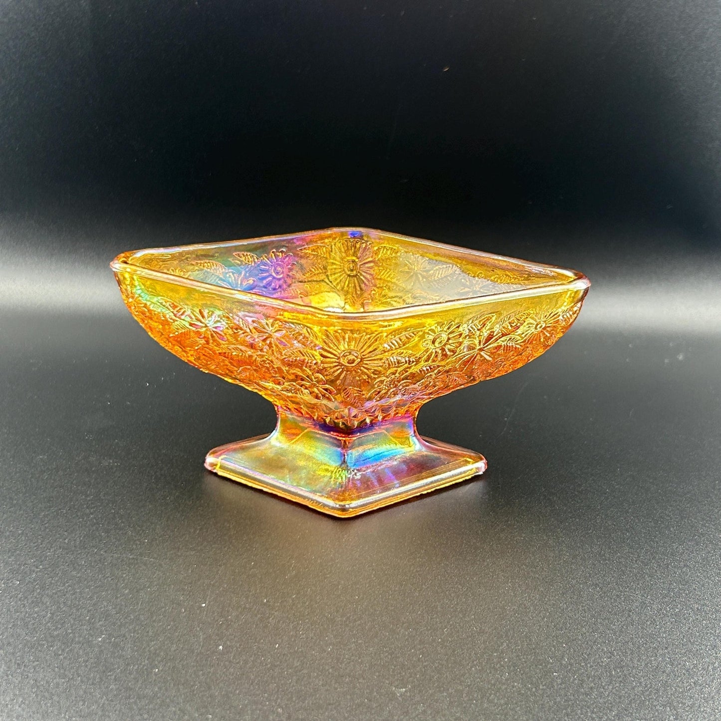 Vintage Indiana Glass Carnival Compote – Marigold Iridescent Square Pedestal Bowl, Floral Depression Glass Centerpiece