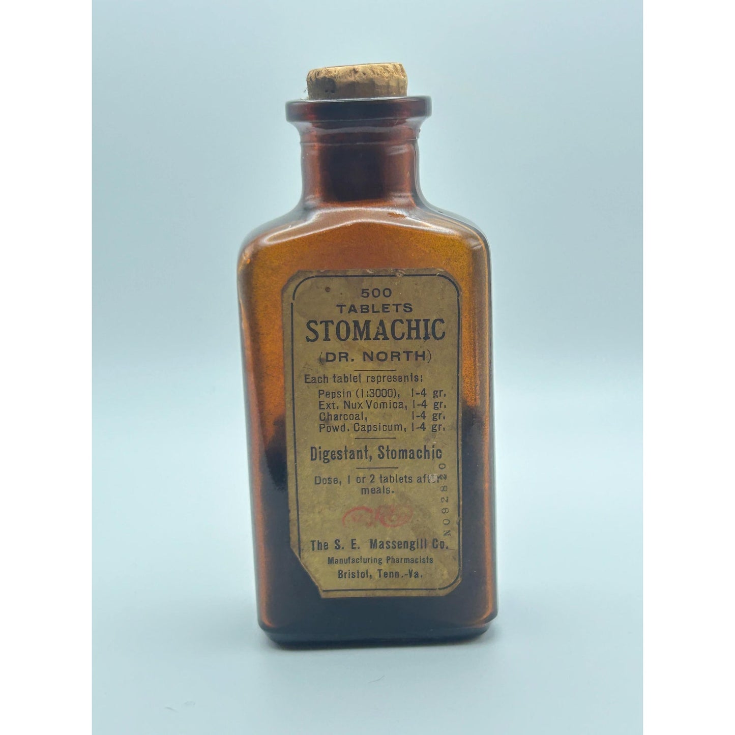 Antique Dr. North Stomachic Tablets Bottle Massengill Bristol TN Amber Glass