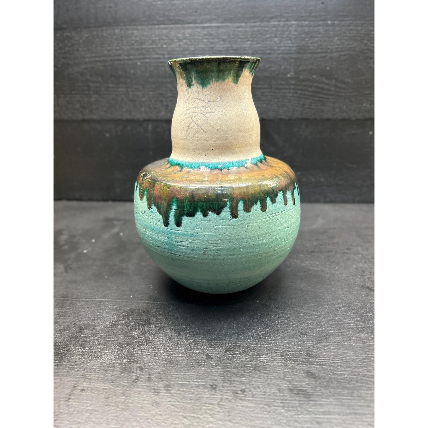 Ernest E. Mitchell Studio Pottery Vase 1994 • Signed Hand Thrown Ceramic • Turquoise Green Drip Glaze • Art Pottery Home Decor. Folk Art