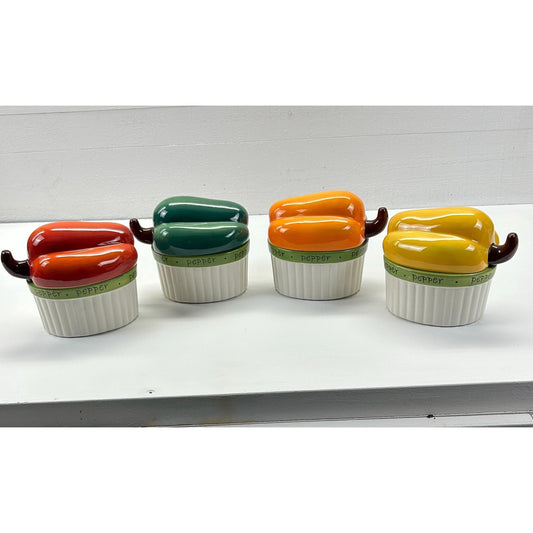 Certified International Pepper Ramekin Set • Judy Phipps Ceramic Lidded Bowls • Bell Pepper Kitchen Decor Colorful Set of 4. colorful!