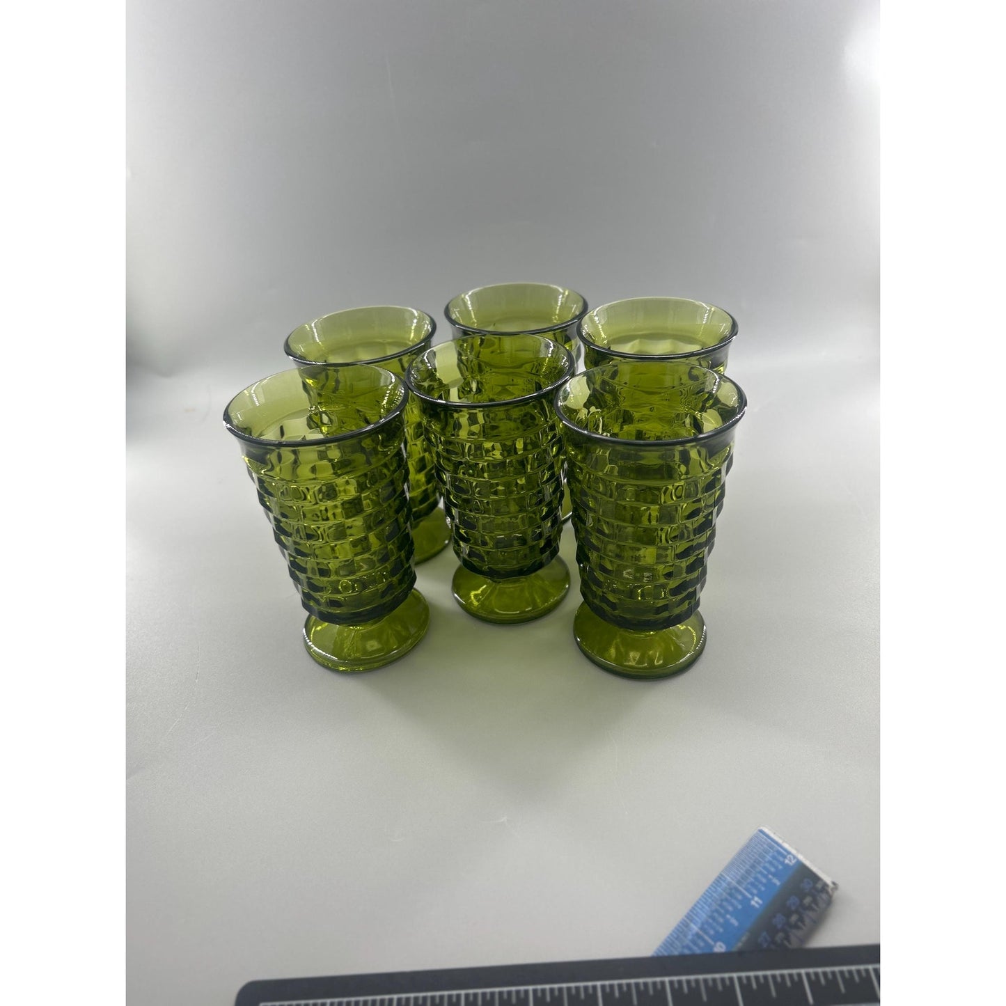 Vintage Indiana Glass Whitehall Cube Tumblers Set of 6 Avocado Green Footed Glasses Mid Century Barware Retro Drinkware
