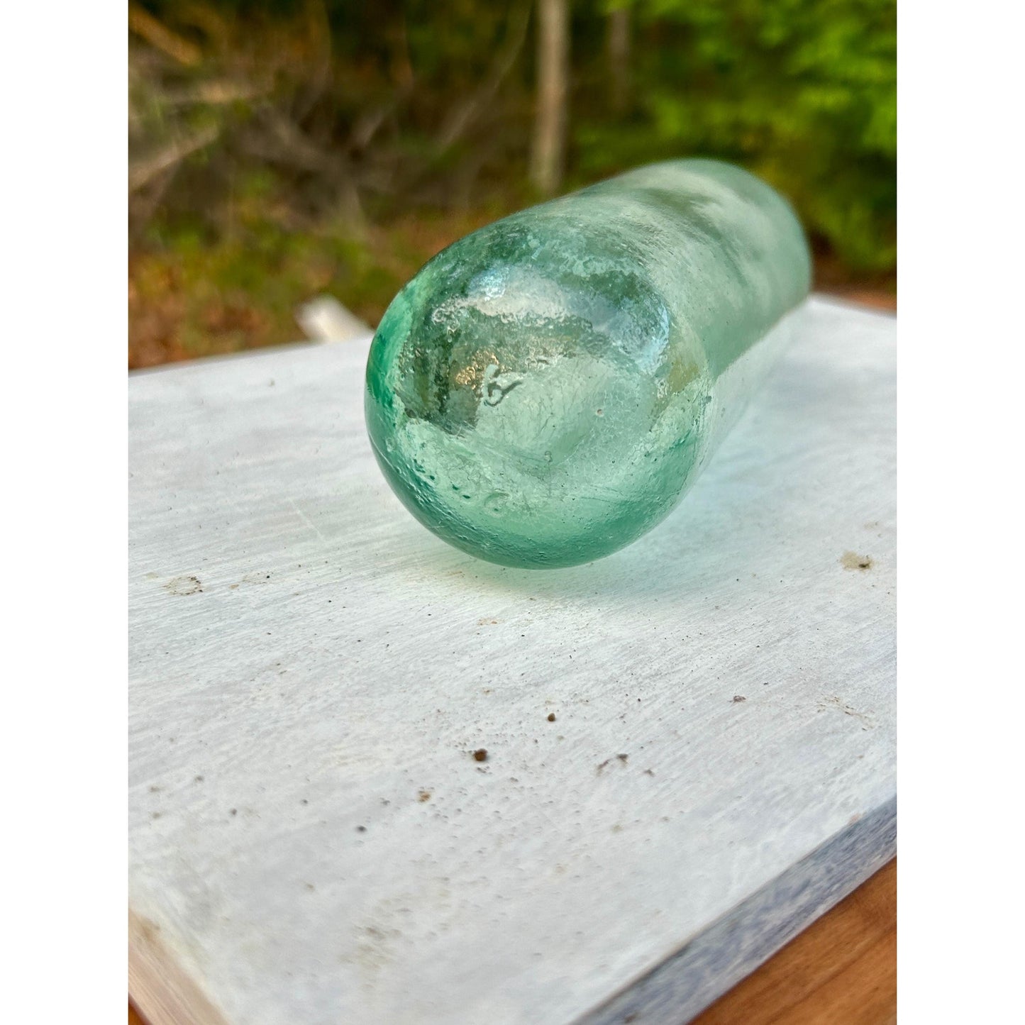 Antique Rare Aqua Whiskey Bottle c1870-1885 Applied Collar Hand Blown Whittle Glass Deep Push Up Base. Scarce find.