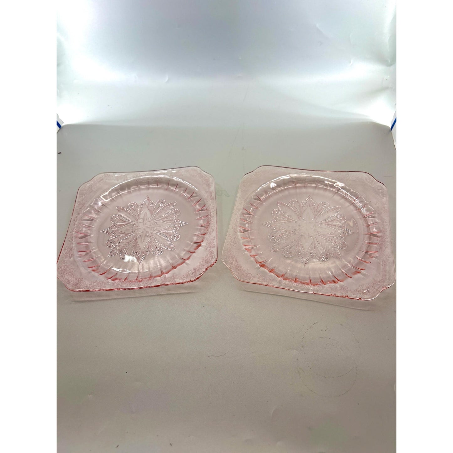 Vintage Pink Depression Glass Plates Set of 2 Etched Floral Square Luncheon Salad Plates Art Deco Glassware