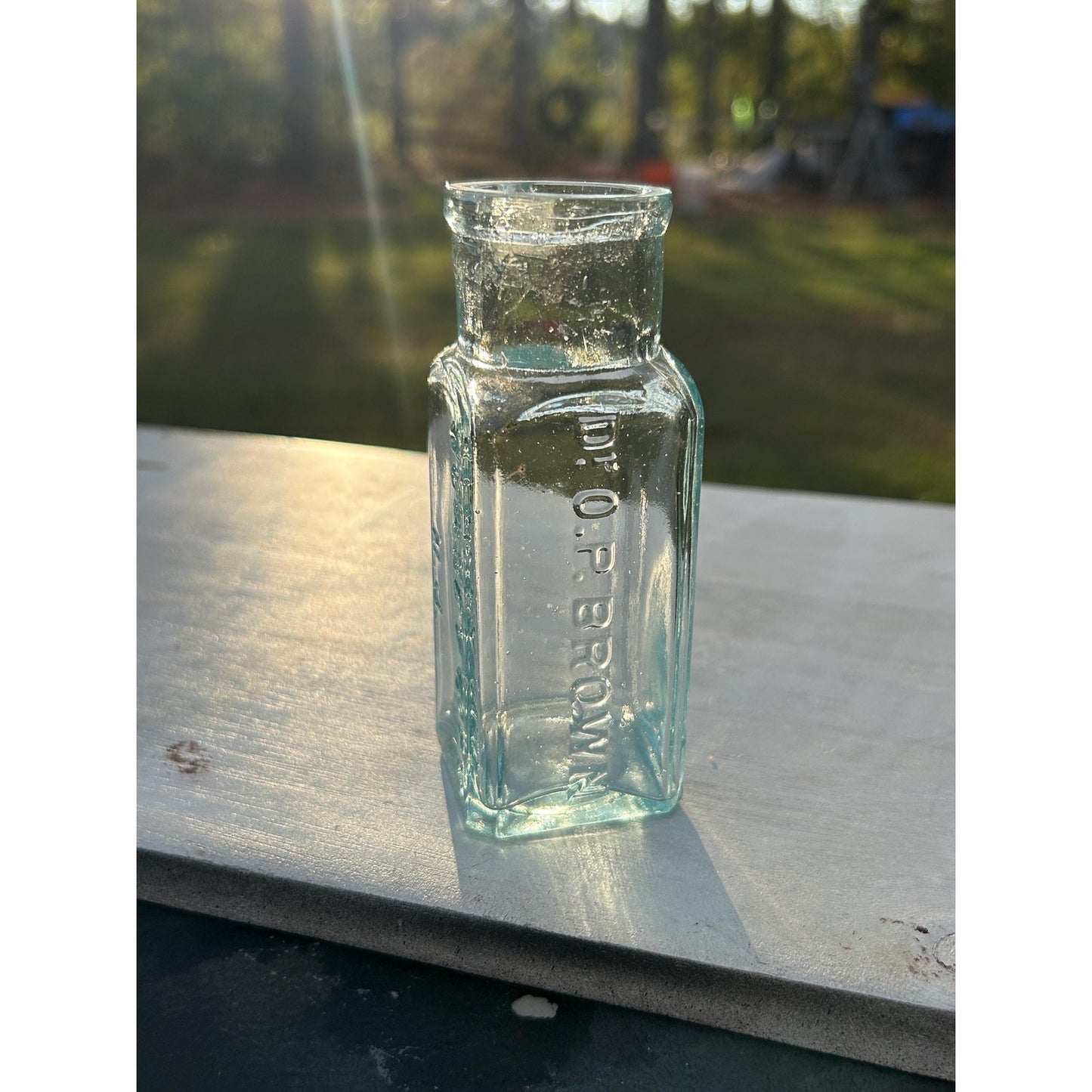 Antique Dr. O.P. Brown Medicine Bottle – Aqua Blue Glass, Embossed Jersey City NJ – 1800s Patent Cure Pharmacy Apothecary Collectible. rare