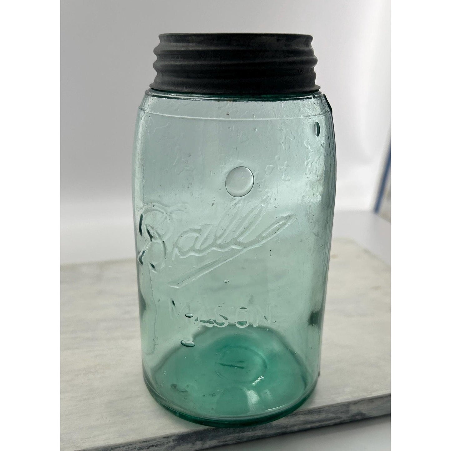 Vintage Ball Triple L Mason Jar Aqua Blue Quart Seed Bubbles Zinc Lid