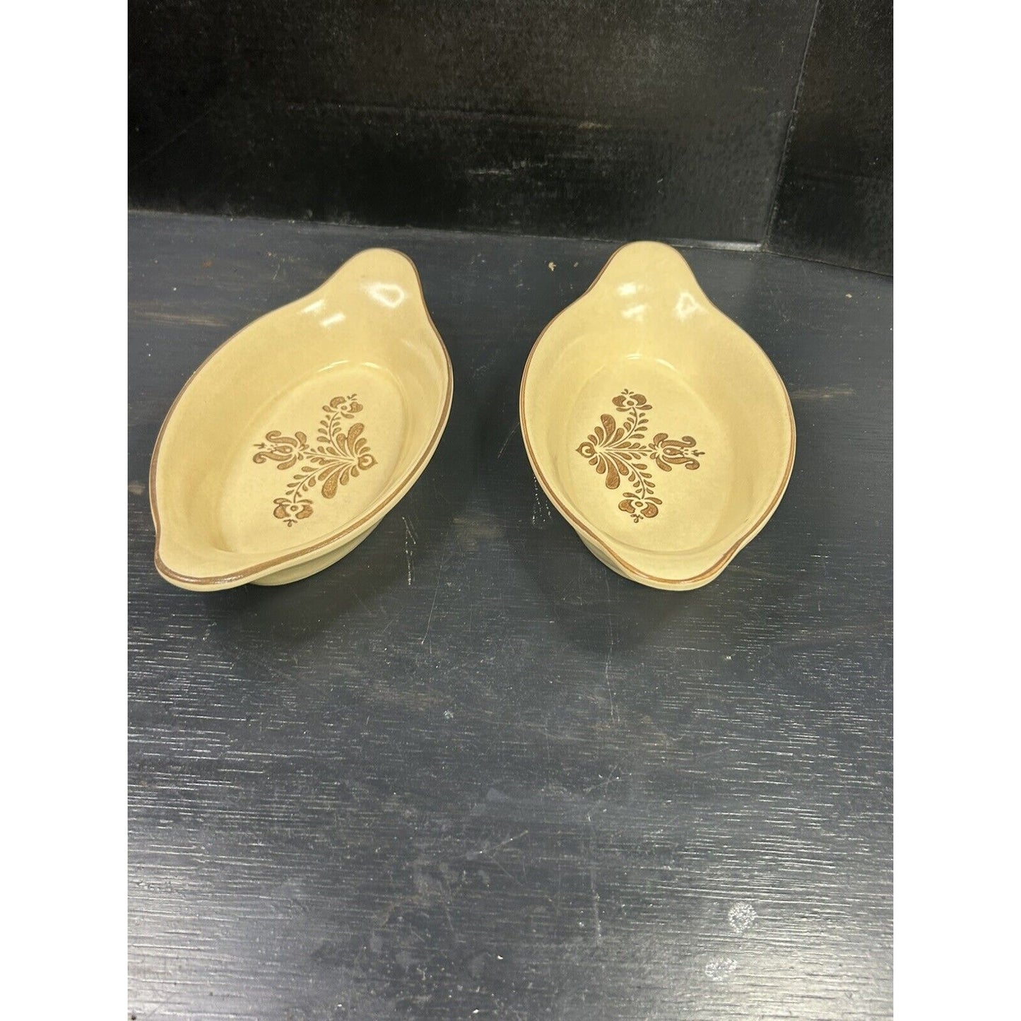 Vintage Pfaltzgraff Village Pattern Au Gratin Baking Dishes — Matched Pair — Mold #265 — Farmhouse Stoneware