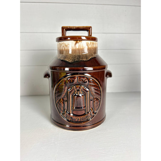 Vintage 1976 Stoneware Crock Canister with Lid USA Pottery Brown Drip Glaze Rustic Farmhouse Americana Kitchen Decor Primitive Country Style