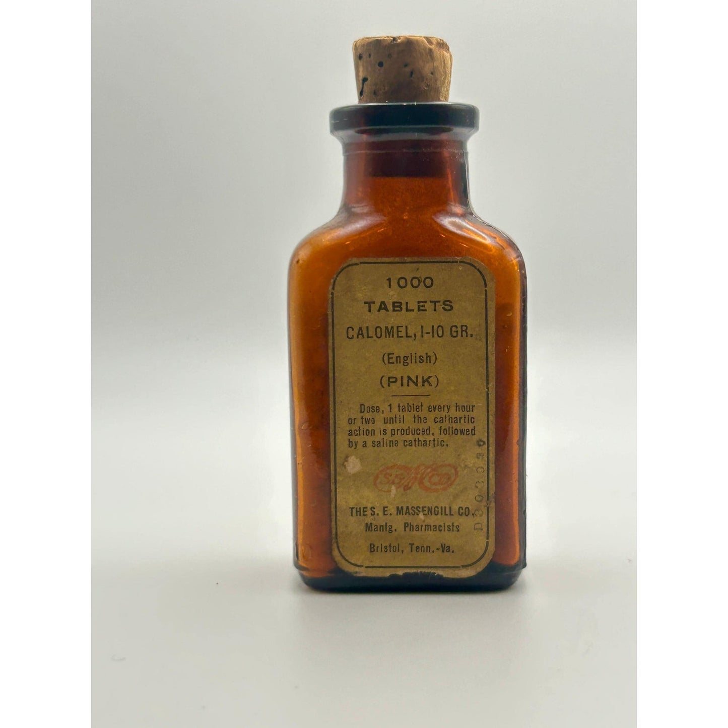 Antique Apothecary Calomel Tablets Bottle S.E. Massengill Bristol TN VA Pharmacy Amber Medicine Jar w Cork Seal 1000 Tablets Medical Quack