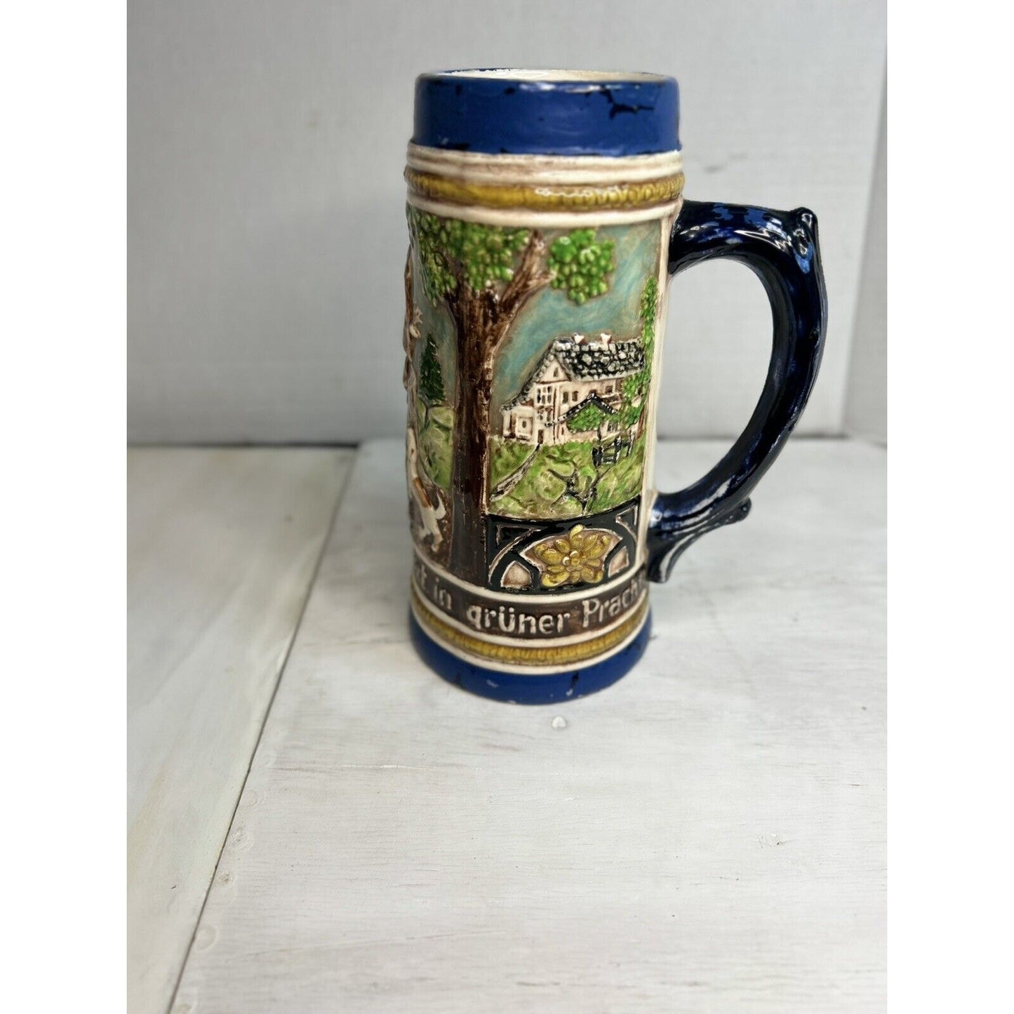 Antique German Holland Mold Stoneware Beer Stein. 8” Tall. Gorgeous Details!